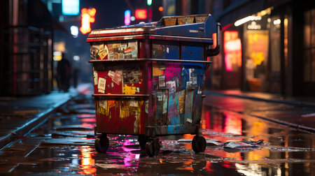 Trash can in the rain at night, London, UK.の素材