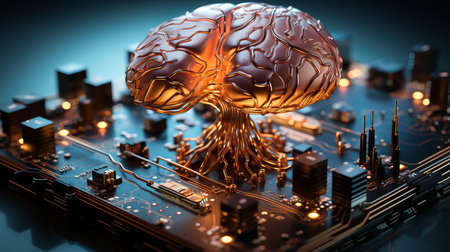 3D illustration of human brain and circuit board. 3D rendering.の素材