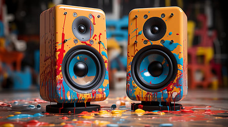 Acoustic speakers with colorful splashes on the floor. 3d renderingの素材
