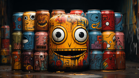 Cans of paint with funny faces in a graffiti style. 3d illustration.の素材