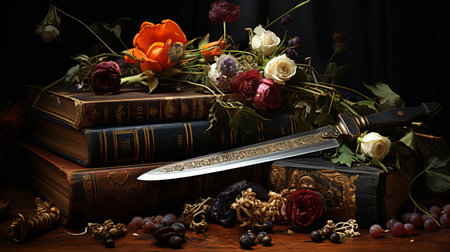 Vintage still life with old books, a knife and flowers.の素材