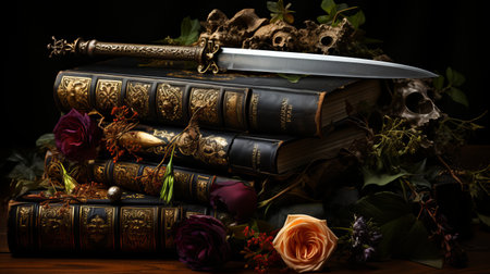 Vintage still life with old books, flowers and dagger on wooden table.の素材