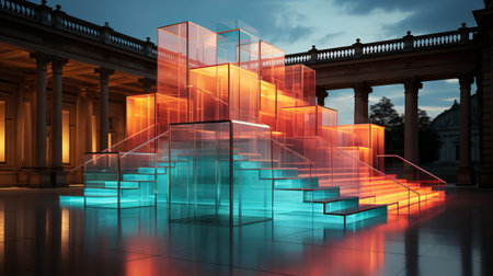 Conceptual image with stairs and glowing glass cubes. 3D renderingの素材