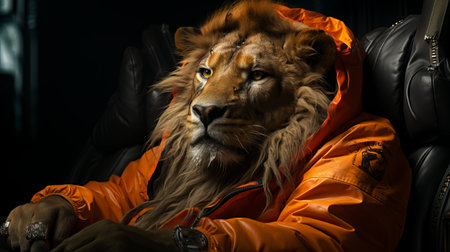 Portrait of a lion in an orange jacket on a black backgroundの素材