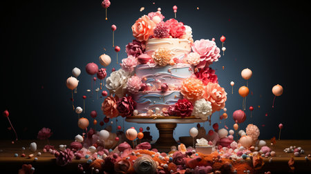 Birthday cake with flowers and balloons on wooden table, 3d renderの素材