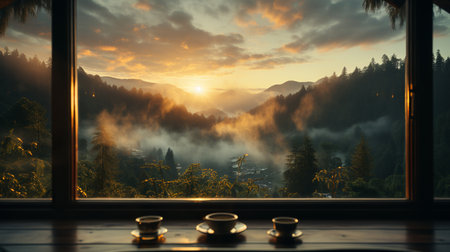 Morning in the mountains. A cup of coffee on the windowsill.の素材