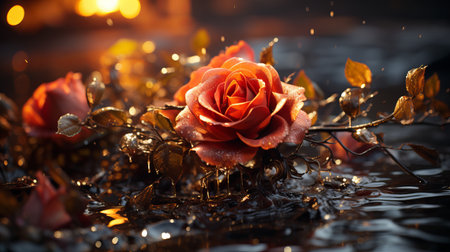 Beautiful orange rose with water drops on a dark background. Copy space.の素材