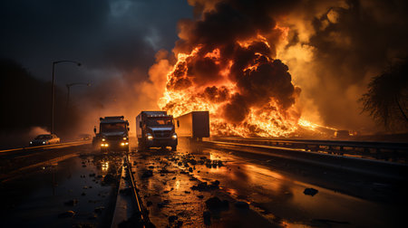 fire in the city at night, burning cars on the road, fire in the cityの素材