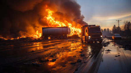 Fire in the city. Burning cars and trucks in the city at night.の素材