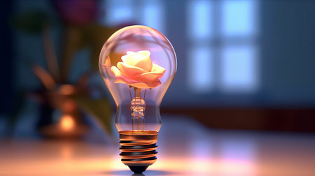 Incandescent light bulb with flower inside. 3D rendering.の素材