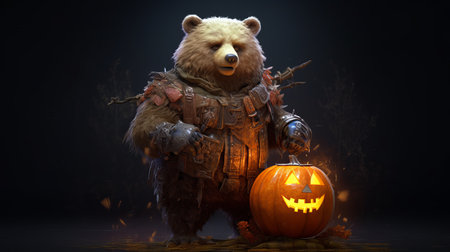Halloween pumpkin with scary bear on dark background. 3d illustrationの素材