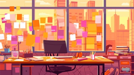 Office workplace interior. Workplace with computer and documents on table. Vector illustration in flat styleのイラスト素材