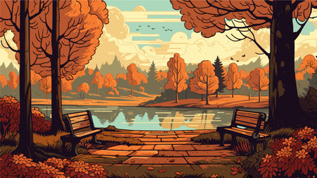 Autumn landscape with lake, trees and bench. Vector illustration.のイラスト素材