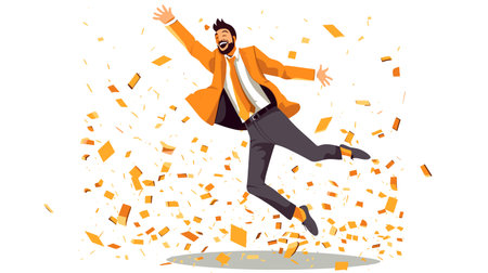 Happy businessman jumping in the air with confetti. Vector illustration.のイラスト素材