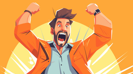 Excited man with raised hands and clenched fists. Successful person rejoicing in victory. Vector cartoon illustrationのイラスト素材