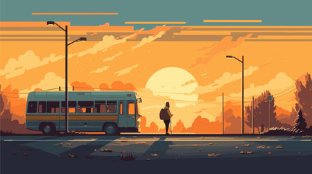 Traveling by bus in the city at sunset. Vector illustration.のイラスト素材