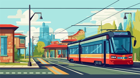 Modern tram on the city street. Vector illustration in flat style.のイラスト素材