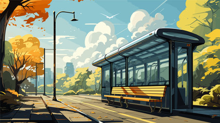 Illustration of a bus stop in the autumn park. Vector illustrationのイラスト素材