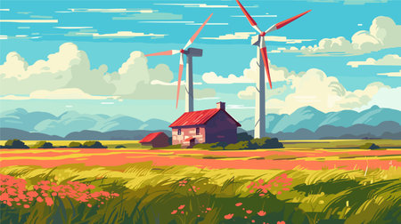Wind turbines in the field. Vector illustration in flat cartoon style.のイラスト素材