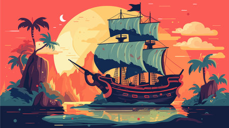 Pirate ship on the sea at sunset. Vector illustration in flat styleのイラスト素材
