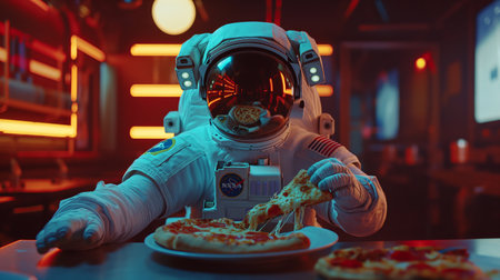 Astronaut eating pizza in the open space. 3d renderingの素材