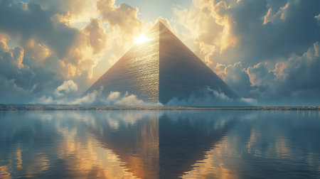 Pyramid of the Sun reflected in the water, 3d renderの素材