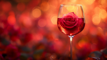 Red rose in wine glass on bokeh background. Valentines day conceptの素材