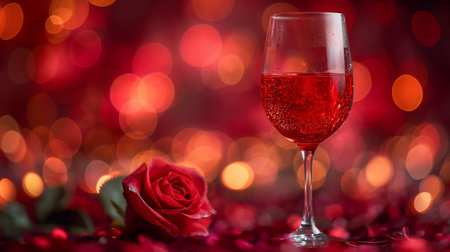 Valentine's day background with a glass of rose wine on bokeh backgroundの素材