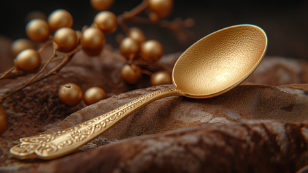 a golden spoon lies on the fabric, close-up shot. Generative AIの素材