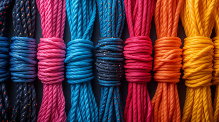 skeins of multi-colored ropes, close-up shot. Generative AIの素材