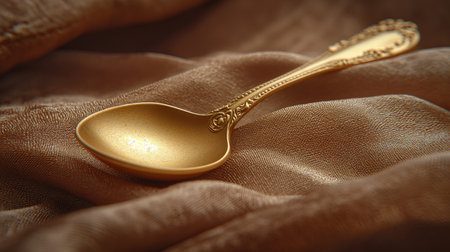 a golden spoon lies on the fabric, close-up shot. Generative AIの素材