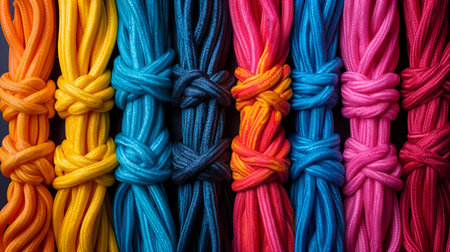 skeins of multi-colored ropes, close-up shot. Generative AIの素材