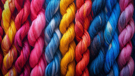 skeins of multi-colored ropes, close-up shot. Generative AIの素材