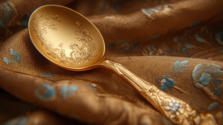 a golden spoon lies on the fabric, close-up shot. Generative AIの素材
