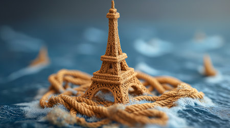 Parisian Eiffel Tower made of rope close shot. Generative AIの素材
