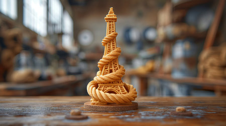 Parisian Eiffel Tower made of rope close shot. Generative AIの素材