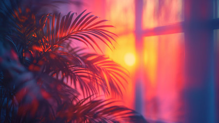 Tropical palm leaves in neon light. Exotic plant.の素材
