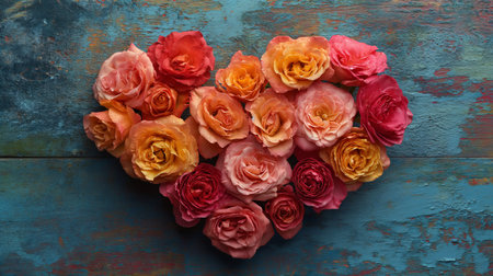 Colorful heart-shaped roses on rustic blue background, top viewの素材