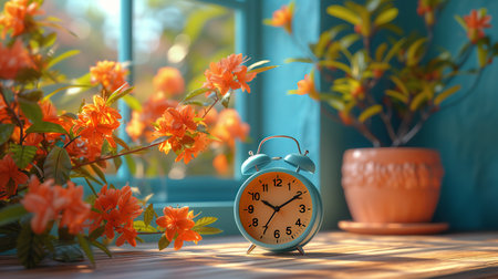 there is an alarm clock in flowers. Generative AIの素材