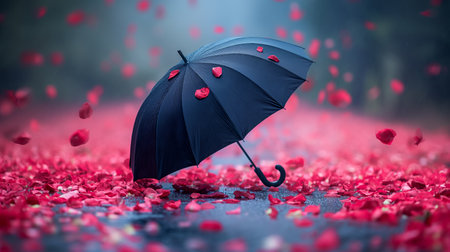 open umbrella and falling roses. Generative AIの素材