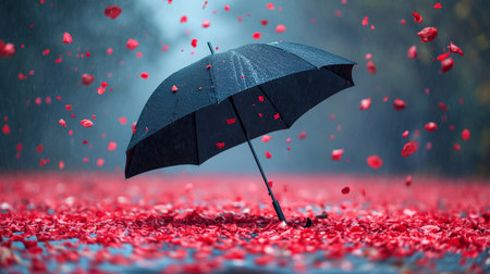 open umbrella and falling roses. Generative AIの素材