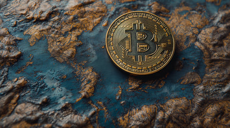 Bitcoin coin lies on the world map. Generative AIの素材