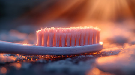 toothbrush close up with shining particles. Generative AIの素材