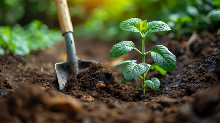 small plant sprout with a shovel nearby. Generative AIの素材