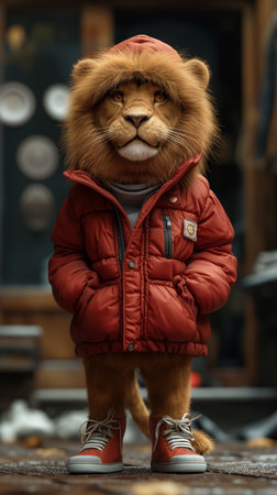 lion in a red down jacket and sneakers. Generative AIの素材