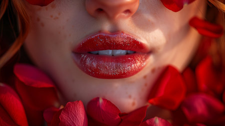Rose petals close up near female lips. Generative AIの素材