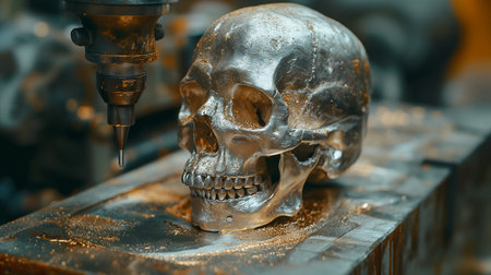 a drill cuts out an iron skull close up. Generative AIの素材
