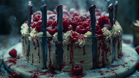 Birthday cake with bloody knives stuck into it. Generative AIの素材