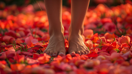 bare feet stand on rose petals. Generative AIの素材