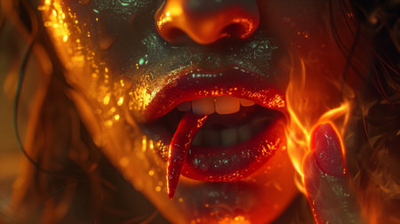 woman's mouth holds red pepper. Generative AIの素材